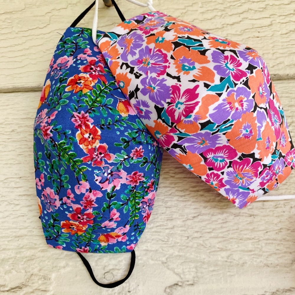 Blue orange floral mask filter sewn in